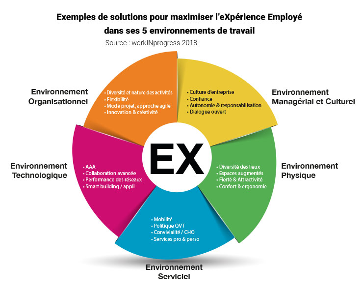 L’eXpérience Employé s’organise autour de points de contact entre l’employé et l’entreprise dans 5 types d’environnements : organisationnel, managérial et culturel, physique, serviciel et technologique
